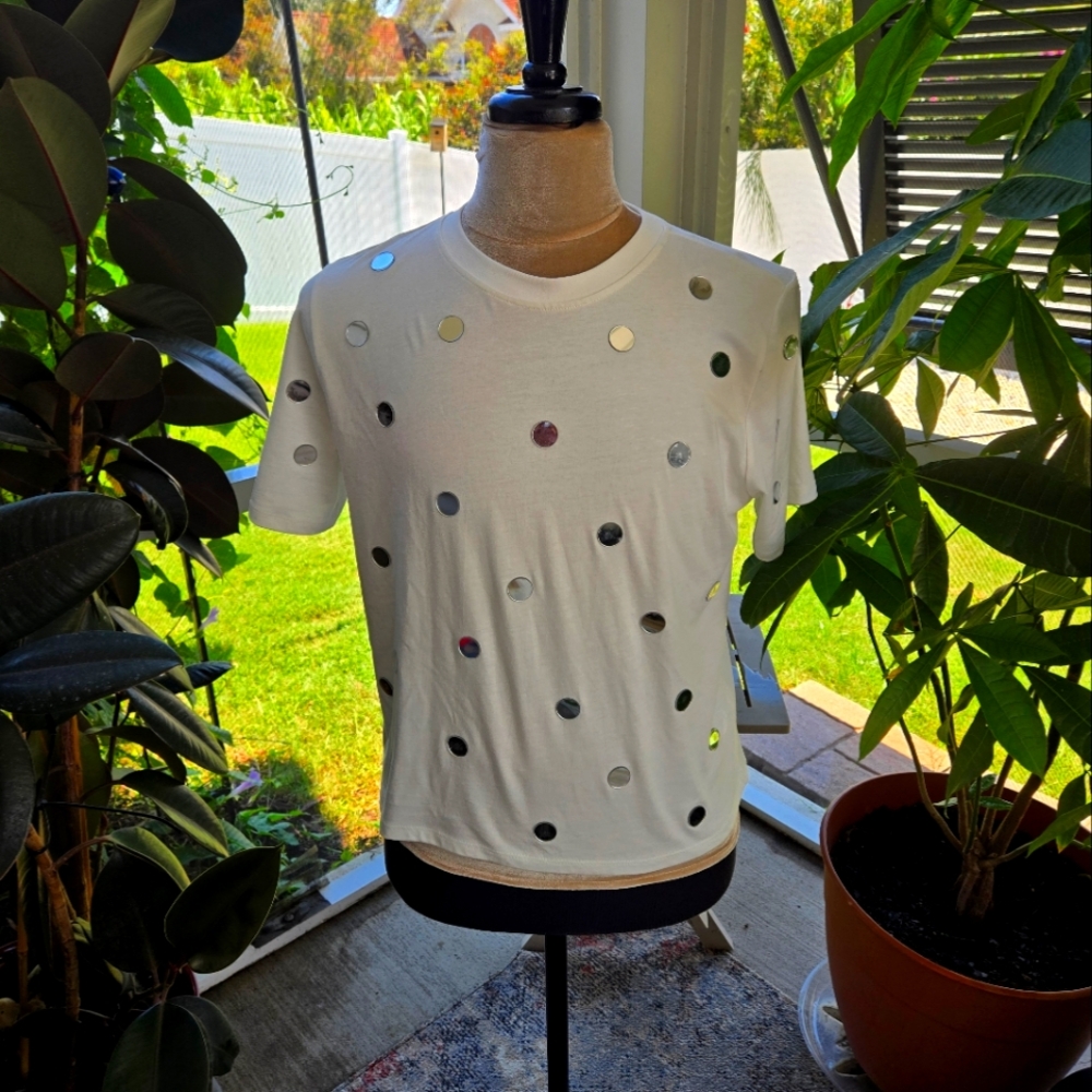 Zara White Tee with Metallic/Mirror Accents